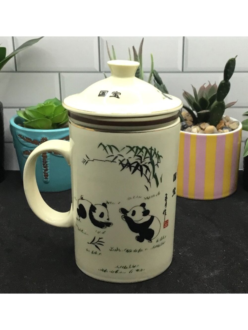 World Market Ceramic Panda-Themed Tea Mug With Lid & Infuser X 2